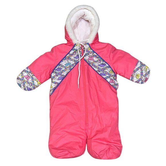 Vintage Pink Baby Snowsuit 0-6M Bunting Bag Hooded Bunny Print 80s/90s  Cozycore - Picture 1 of 8